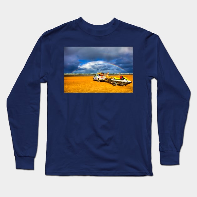 Double Rainbow Over Perranporth RNLI Lifeguard Long Sleeve T-Shirt by tommysphotos